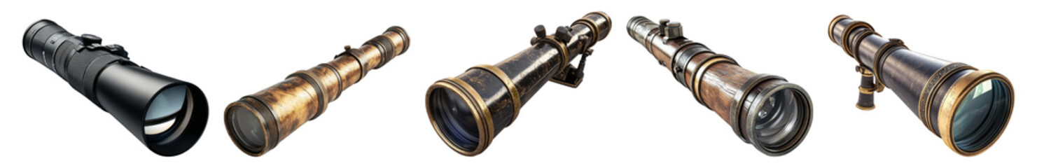 Vintage and Modern Telescopes in a Set for Astronomy Enthusiasts, isolated on transparent background
