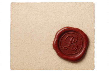 Wax seal with letter l initial on old parchment paper, symbolizing secret message communication, authority, and vintage identity