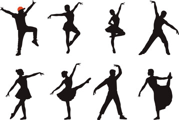 Dance silhouette, ballet pose, contemporary movement, red hat accent, cad drawing, flat vector illustration, performing arts, graceful gesture, stage icon, dancer figure