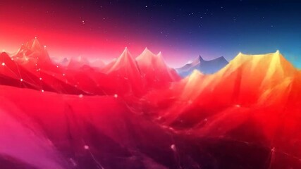 A vibrant low-poly landscape with red and blue mountains, glowing nodes, and a starry gradient sky - Powered by Adobe