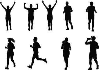 Running, celebration, silhouette, fitness, athlete, jog, pose, victory, bottle, movement, vector, flat, cad drawing, illustration, exercise, sport, energy, activity, icon, motivation, health, dynamic