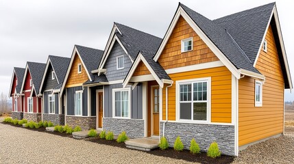Colorful Houses with Stone Accents and Gray Roofs on a Gravel Driveway