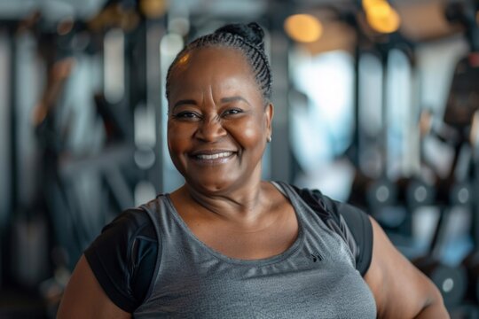 Smiling senior woman exercising in gym