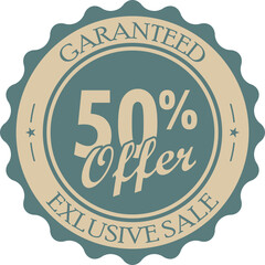 Guaranteed 50 Percent Exclusive Sale Offer Badge With Teal Border And Tan Center Text Guaranteed 50 Percent Offer Exclusive Sale