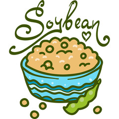 Hand Drawn Illustration of Soybeans in a Blue Bowl with Green Pod and Scattered Beans and Leafy Green Text Soybean Above