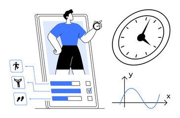 Person emerging from smartphone next to clock, fitness activity icons, and data graph. Ideal for fitness, tech, time management, progress tracking, mobile apps analytics healthy living. Simple flat