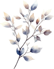 Watercolor, a simple illustration of a small branch with leaves and buds, in pastel colors, on a white background.

