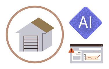 Warehouse with garage door, AI emblem, data chart showing alert. Ideal for logistics, inventory, automation, analytics, AI integration risk management predictive systems. Simple flat metaphor
