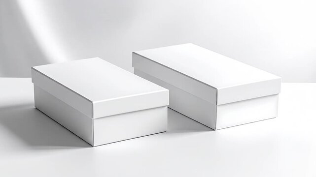 Two minimalist white rectangular boxes with lids on a clean white surface with subtle shadows and bright light
