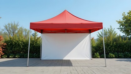 Vibrant red canopy tent with blank white backdrop stands ready for branding and event promotion outdoors