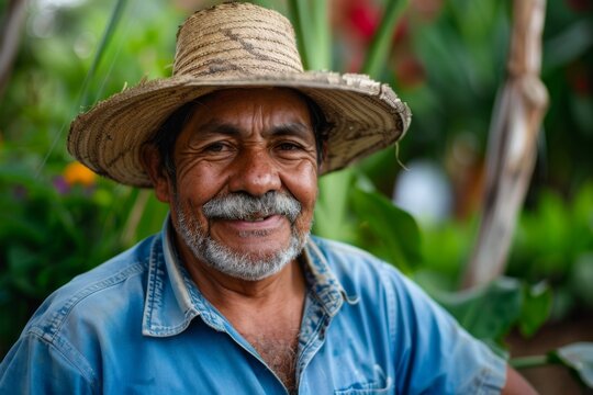 Smiling senior man wearing a straw hat in a garden