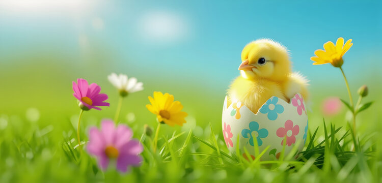 Bright yellow Easter chick sitting in decorated egg shell among colorful spring flowers on green grass under blue sky background - Powered by Adobe