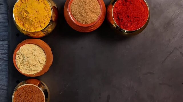 Overhead top view flat lay colourful array of spices herbs powder blue clay ceramic brass metal pot on dark black slate surface with a clean and neat appearance spice copy text space border frame