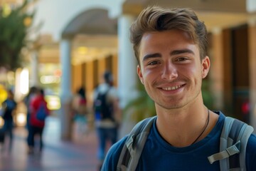 Naklejka premium Young man smiling in a busy outdoor setting