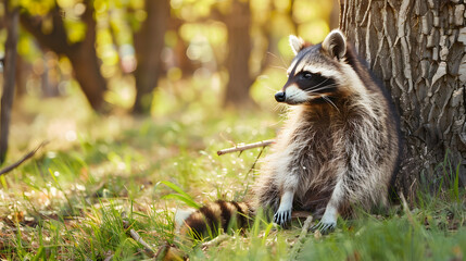 Raccoon by tree in forest
