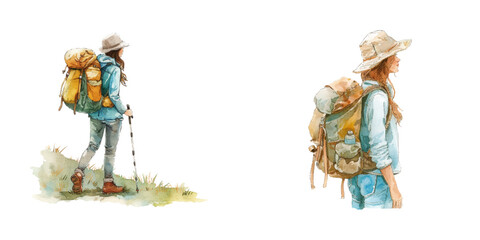 hiking woman watercolor vector illustration