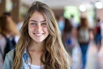 Obraz premium Smiling young woman in a school hallway