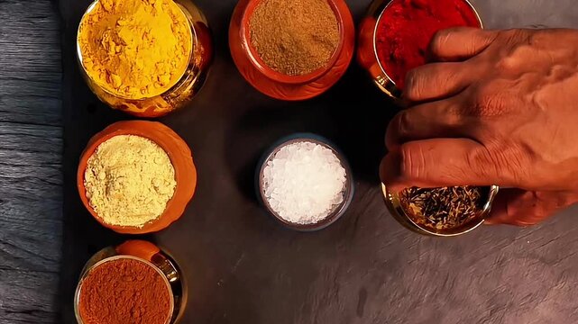 Overhead top view flat lay colourful array of spices herbs powder blue clay ceramic brass metal pot on dark black slate surface with a clean and neat appearance spice copy text space border frame