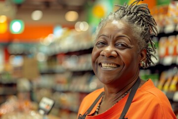 Fototapeta premium Smiling senior woman working in a grocery store