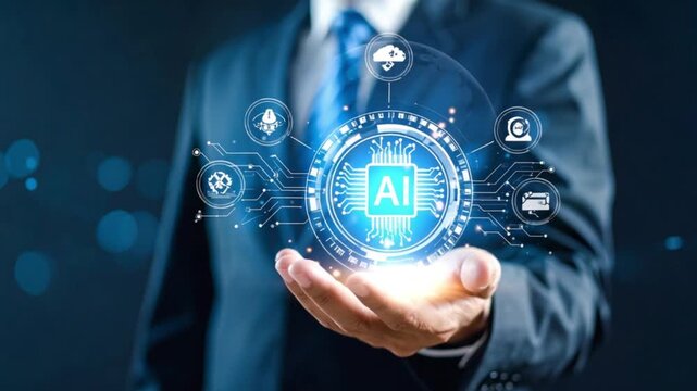 A human hand holds a glowing digital AI icon, symbolizing convenience, or global technological connection.