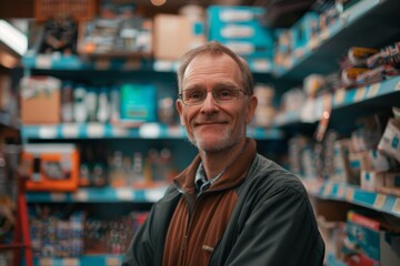Obraz premium Senior man smiling in a hardware store