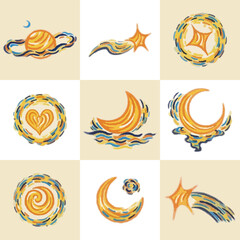 Whimsical celestial icons set with sun moon stars comets and cosmic patterns in handdrawn artistic style set 1