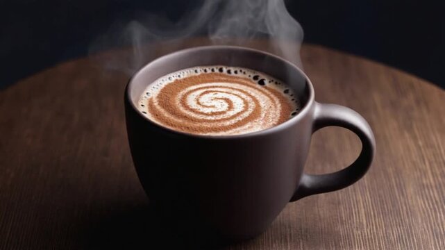 A black cup full of hot coffee with latte art foam on the steaming surface, a warm drink while taking a break.