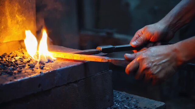 Close-up of glowing hot metal being forged by a skilled craftsman using a heavy hammer with bright sparks flying, representing strength, precision, and traditional blacksmith artistry
