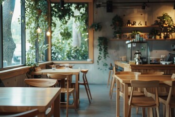Fototapeta premium Cozy cafe interior with wooden furniture and plants