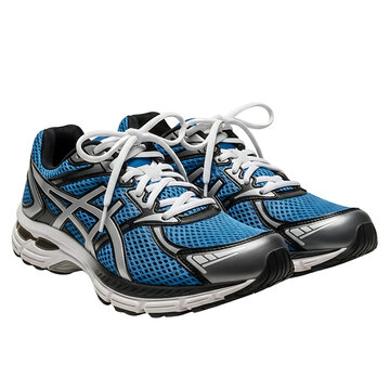 A pair of blue and silver asics running shoes with white laces on a black background on transparent background