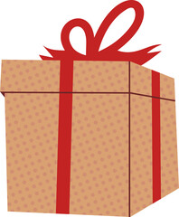 A Square Shaped Gift Box Wrapped in Light Brown Paper Decorated with Small Pink Dots and Tied with a Red Ribbon Bow on a Transparent Background