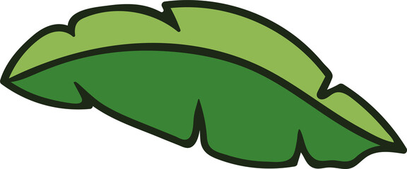 A Stylized Green Banana Leaf With A Dark Outline On A Transparent Background With Two Tones Of Green Color