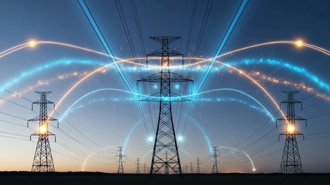 Futuristic digital art of power line and transmission tower showcasing high voltage energy flow with glowing electrical arcs and light trails across sky, symbolizing modern electricity transmission