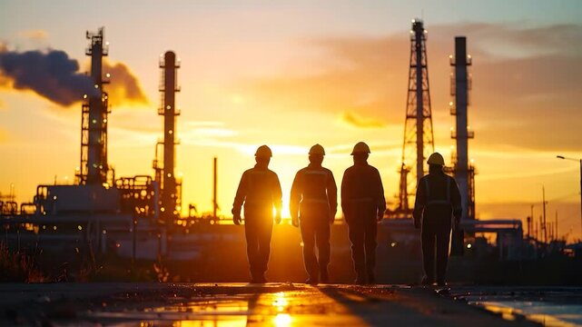 Industrial workers in hard hats walk across a plant at sunset, backlighting their determined silhouettes