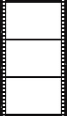 Blank Film Strip with Three Empty Rectangular Frames and Perforated Edges on Transparent Background Representing Cinema and Photography Concept