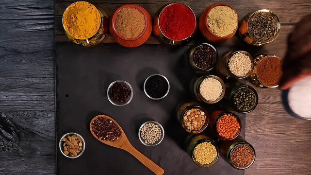 Overhead top view flat lay colourful array of spices herbs powder blue clay ceramic brass metal pot on dark black slate surface with a clean and neat appearance spice copy text space border frame