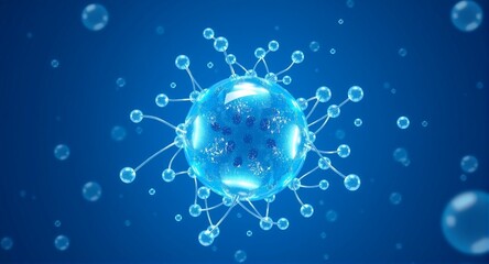 A digitally created, vibrant, glowing structure floats in blue, hinting at microscopic nature and potential danger. Spheres emanate from the central core.