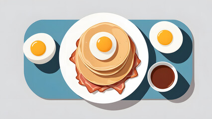 Flat Lay Design of Classic Brunch Elements Including Honey Dipping Sauce and Fried Eggs