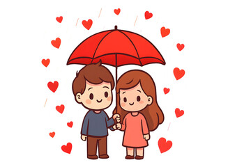 Cute Cartoon Couple Under Red Umbrella &ndash; Adorable Valentine Illustration PNG