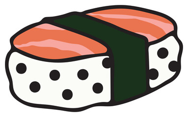 Cute Salmon Nigiri Sushi Sticker with Black Dots on White Rice and Dark Green Seaweed Wrap on Transparent Background