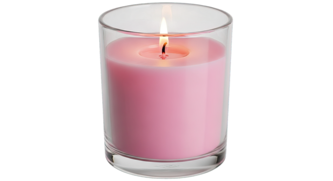 Pink candle in a glass jar lit isolated on transparent background
