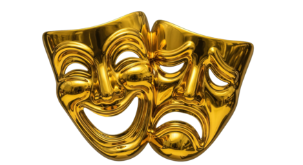 Gold comedy and tragedy theater masks isolated on transparent background