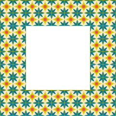 Geometric Abstract Square Frame With Teal Yellow Red And Beige Patterns And A White Center Space
