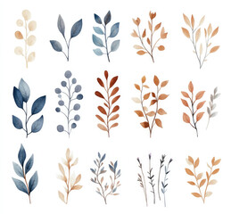 Watercolor pastel, simple, cute, adorable, tiny, starry, magical blue and brown plant clipart, on a white background with margins, in soft, muted colors.