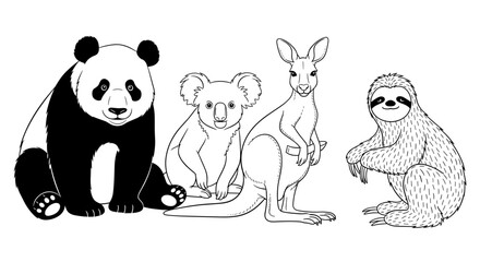 Obraz premium Illustration of a panda, koala, kangaroo, and sloth