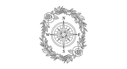 Vector art of compass rose with floral wreath, symbolizing direction