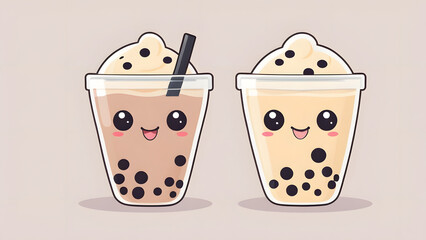 Happy Beverages Minimalist Vector Art of Two Bubble Tea Cups
