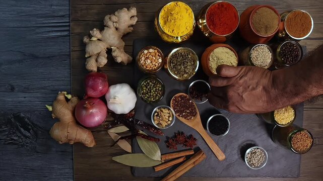 Overhead top view flat lay colourful array of spices herbs powder blue clay ceramic brass metal pot on dark black slate surface with a clean and neat appearance spice copy text space border frame