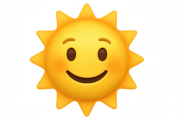 Smiling sun emoji representing happiness, good weather, and positive mood, isolated on transparent background