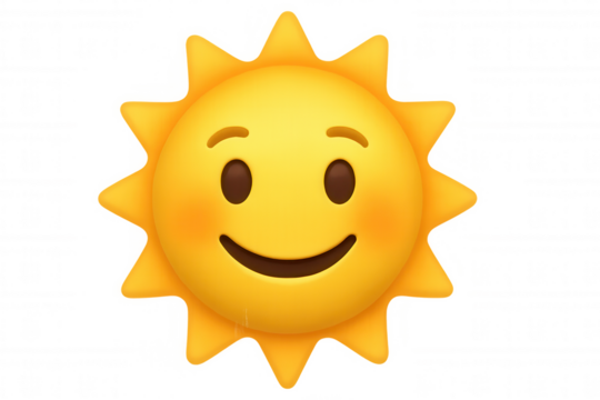 Smiling sun emoji representing happiness, good weather, and positive mood, isolated on transparent background